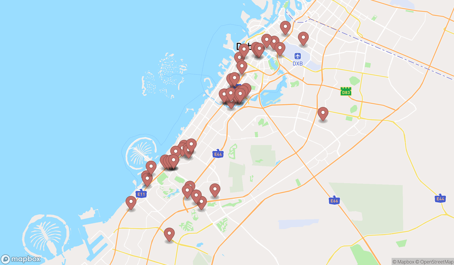 Map showing the search results in Dubai