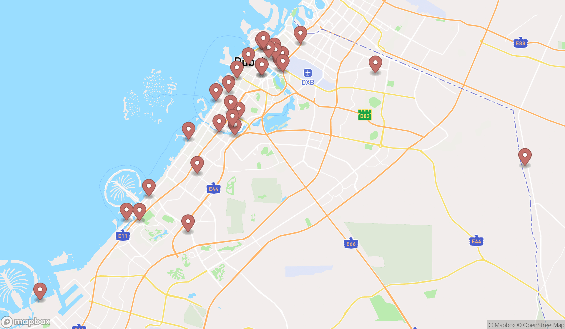 Map showing the search results in Dubai