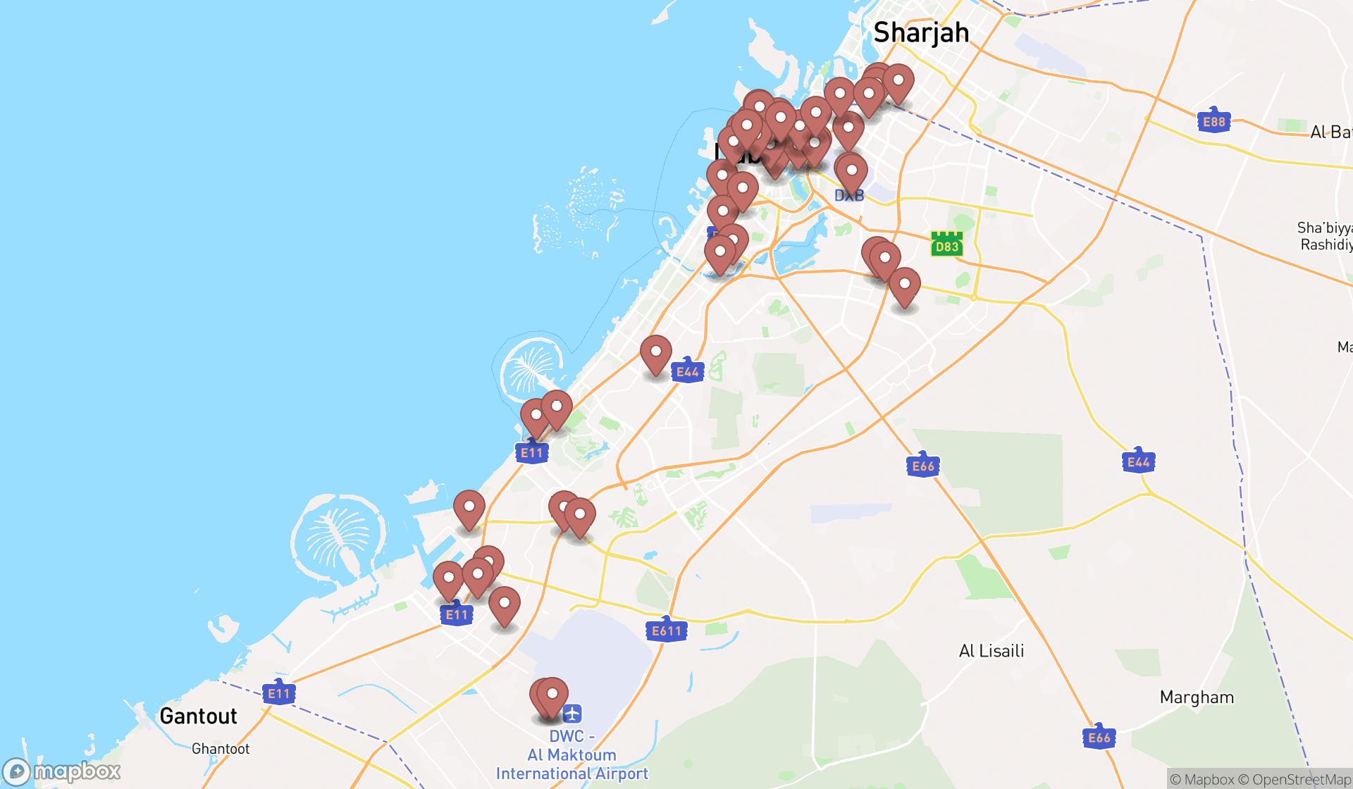 Map showing the search results in Dubai