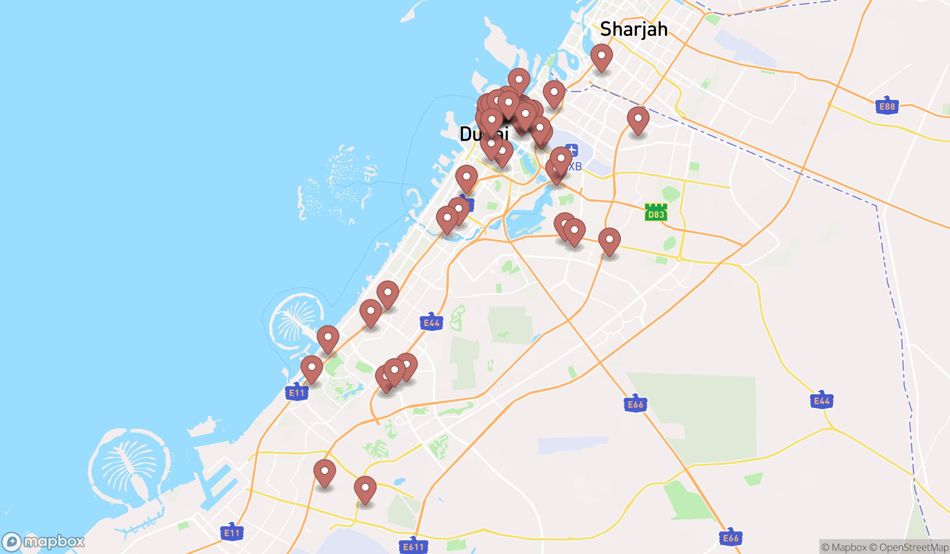 Map showing the search results in Dubai