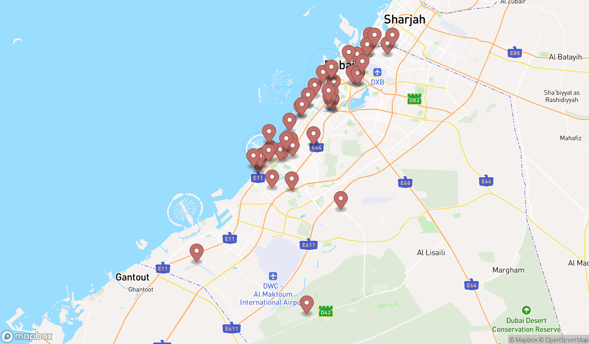 Map showing the search results in Dubai