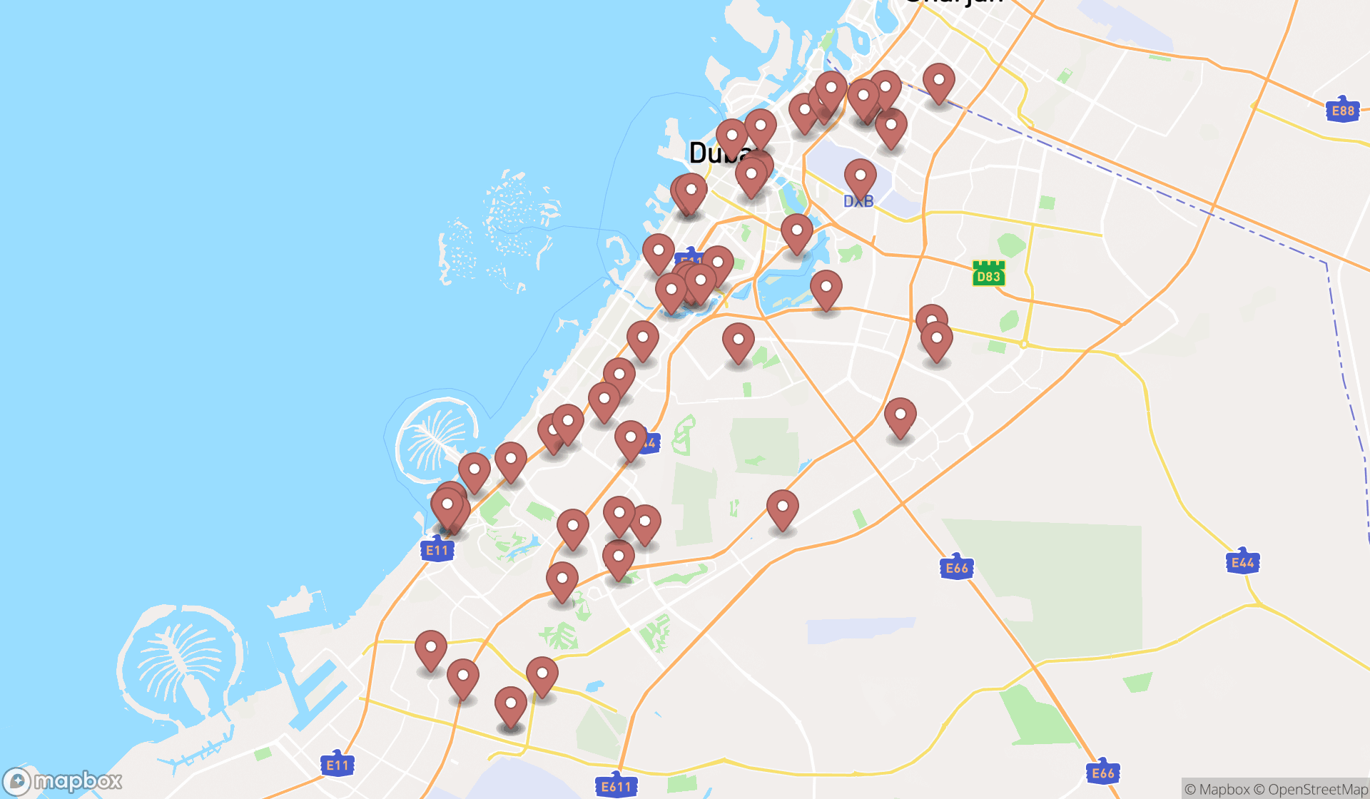 Map showing the search results in Dubai