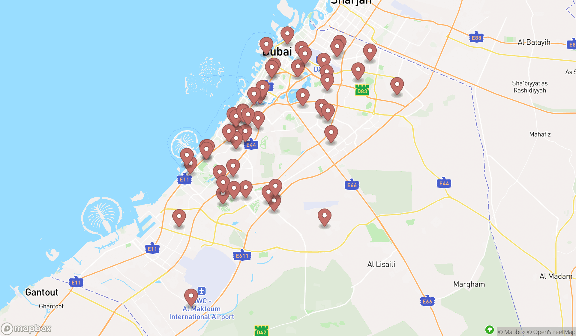 Map showing the search results in Dubai