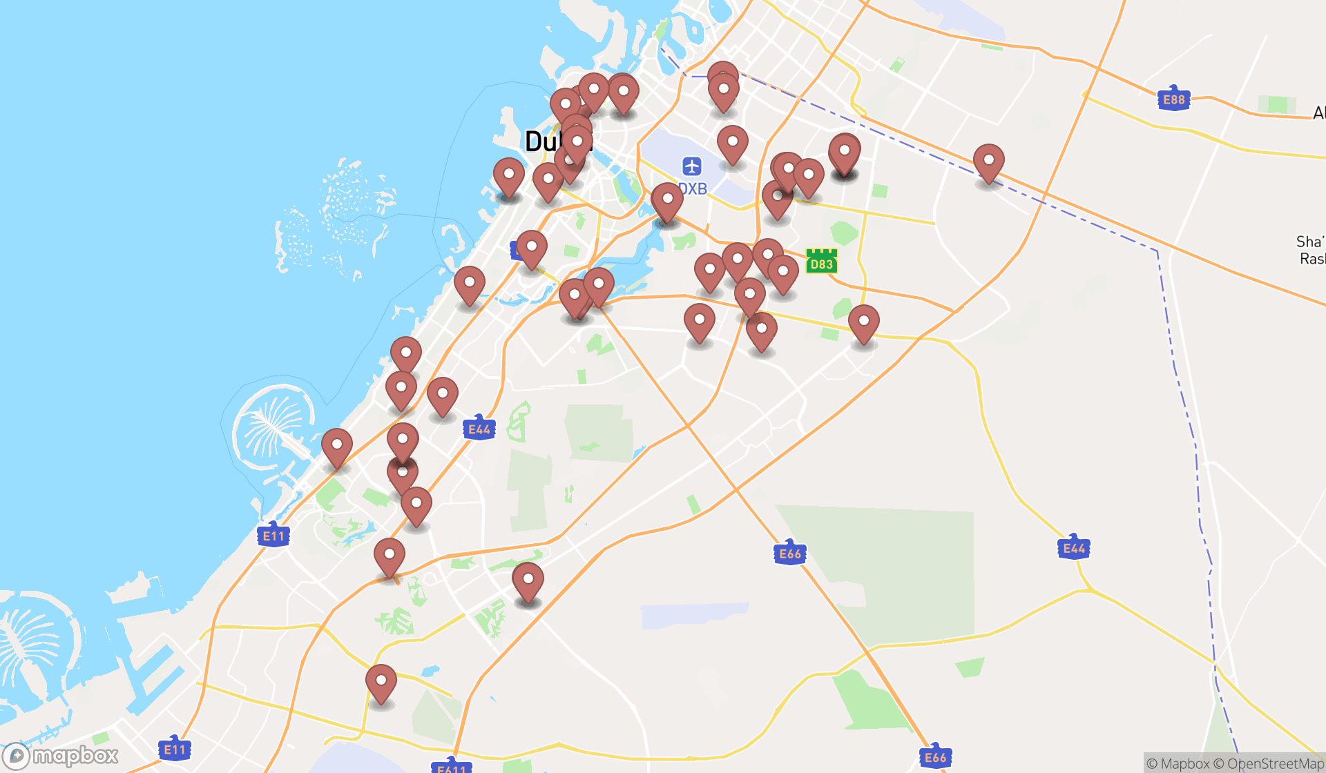 Map showing the search results in Dubai