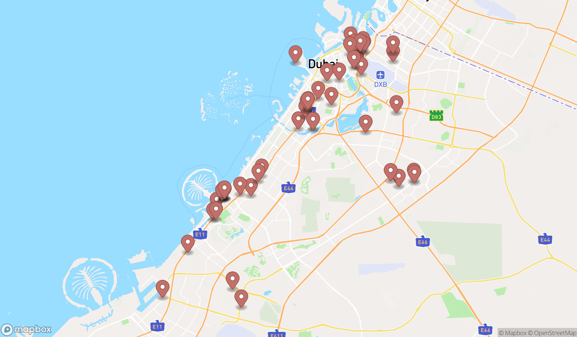 Map showing the search results in Dubai