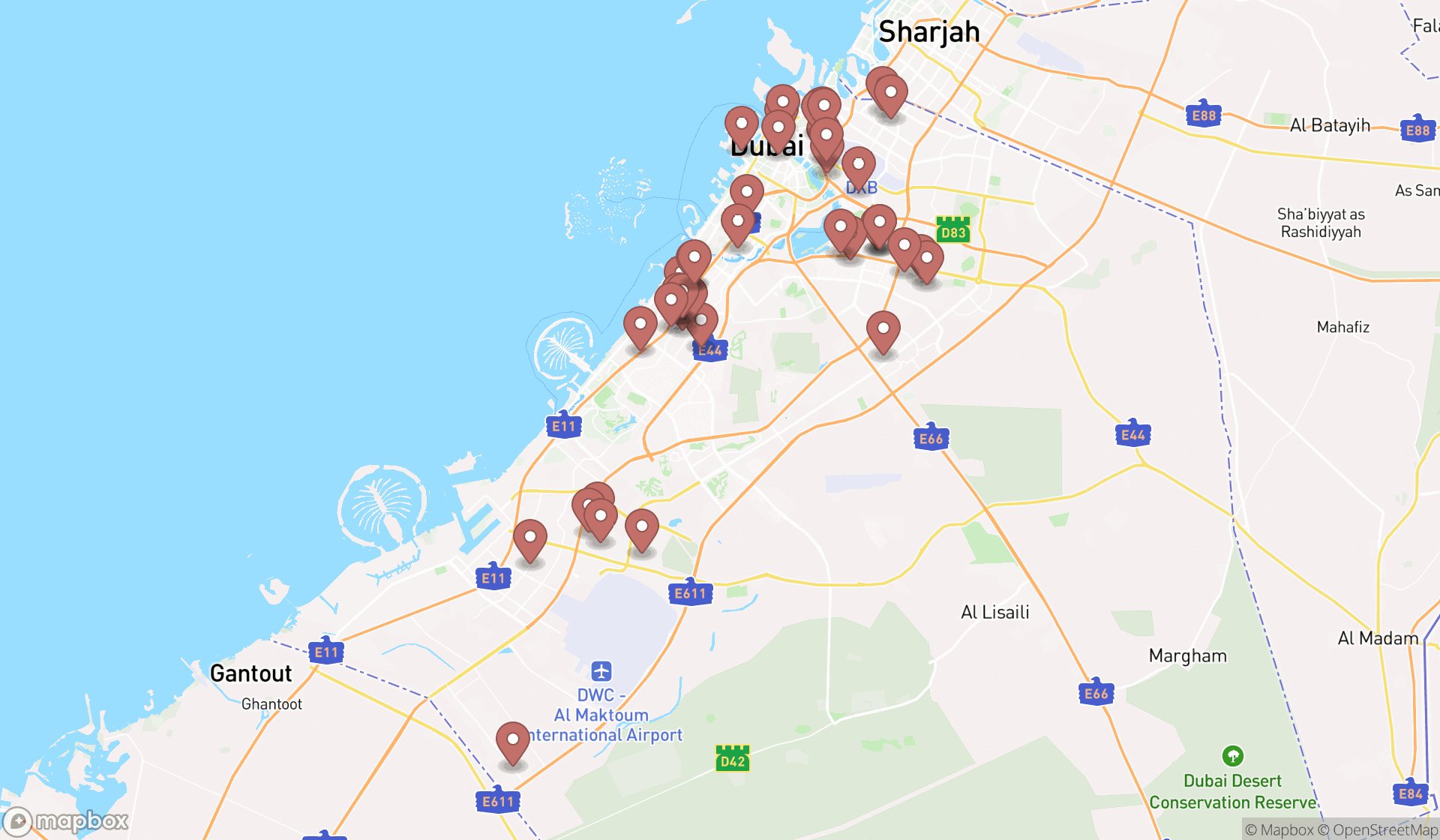 Map showing the search results in Dubai