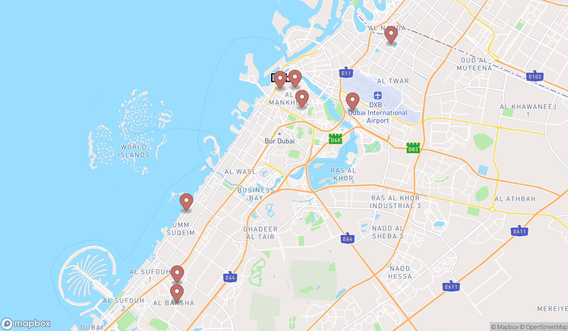 Map showing the search results in Dubai