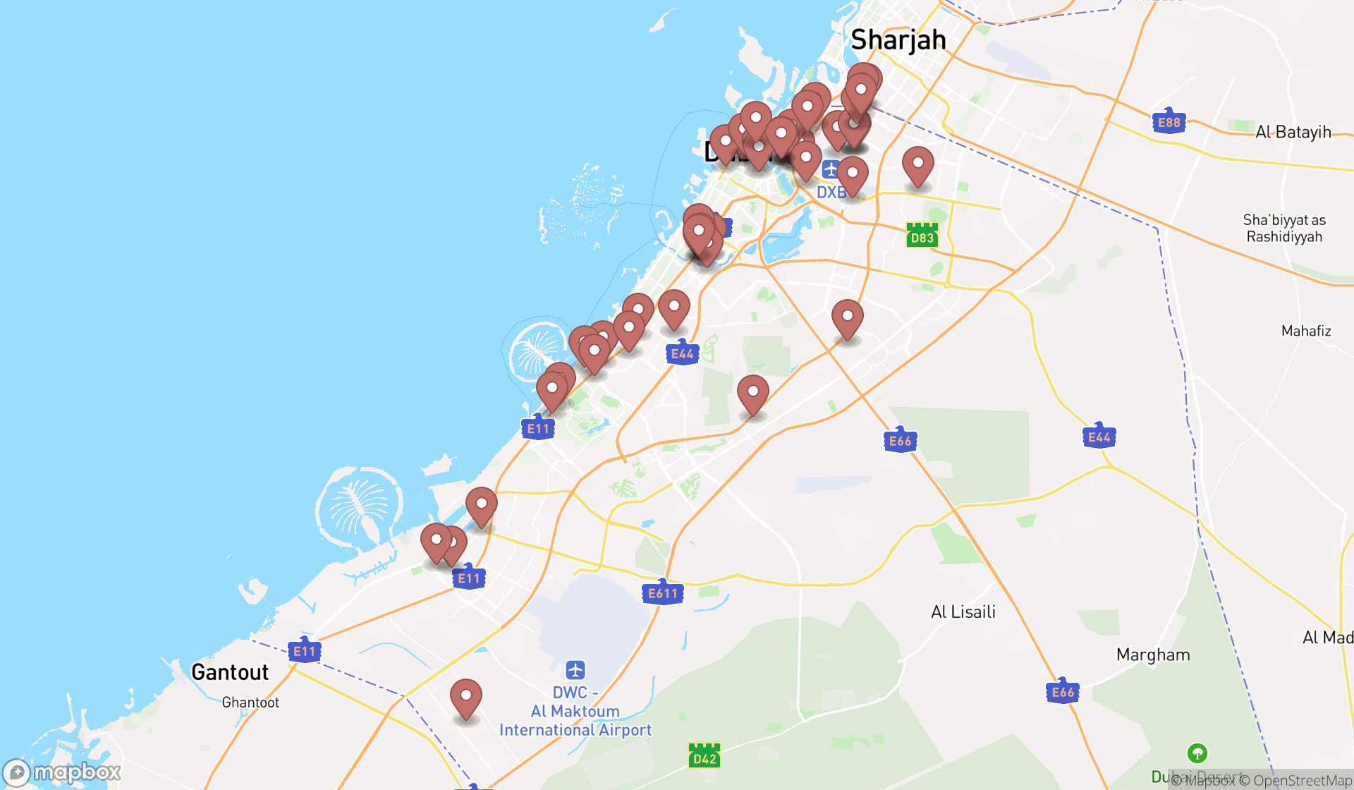 Map showing the search results in Dubai