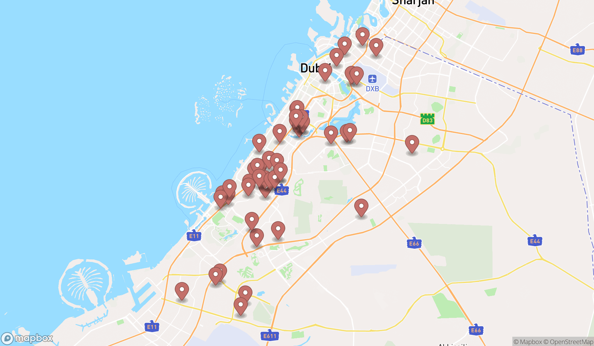Map showing the search results in Dubai