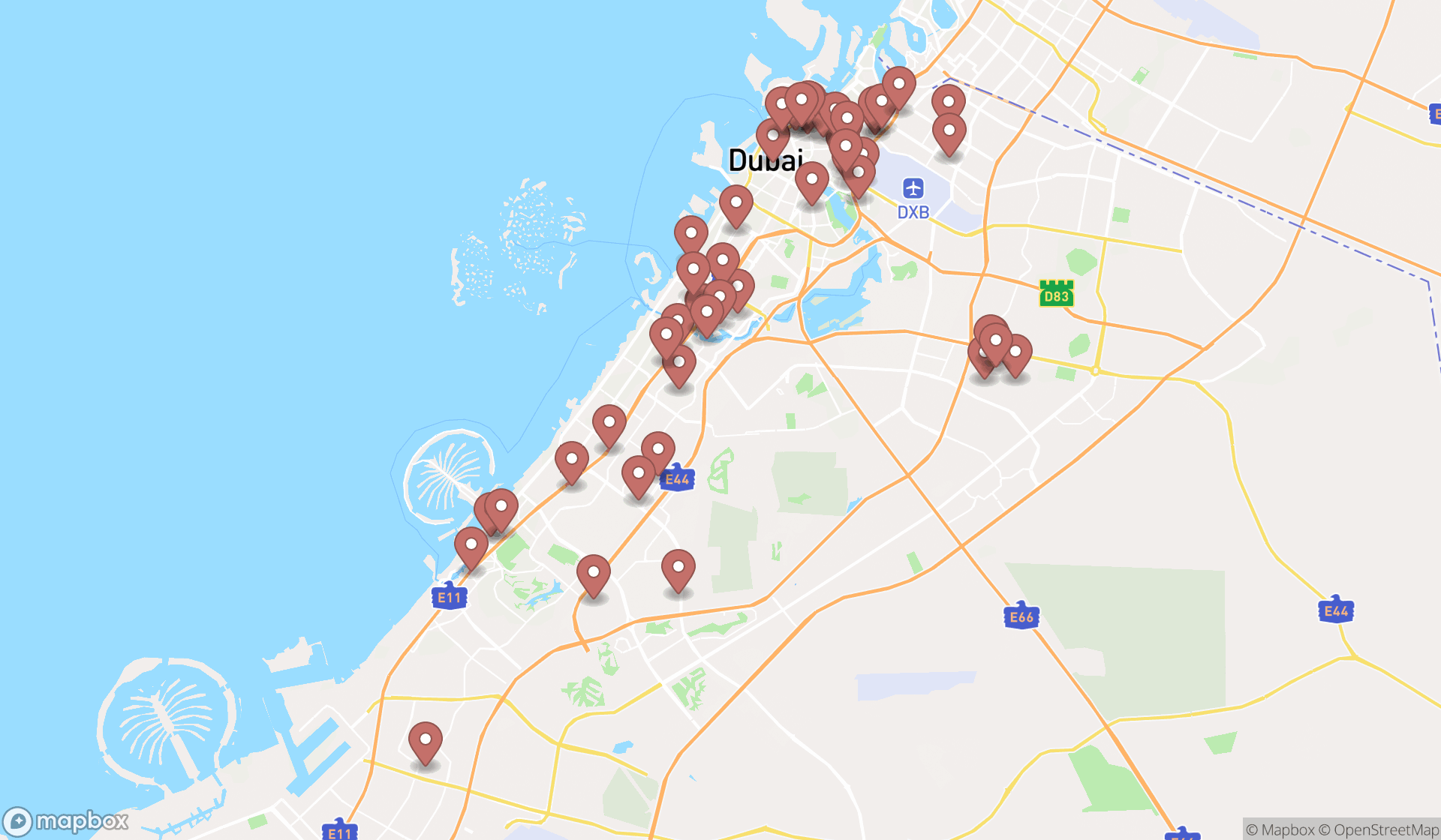 Map showing the search results in Dubai