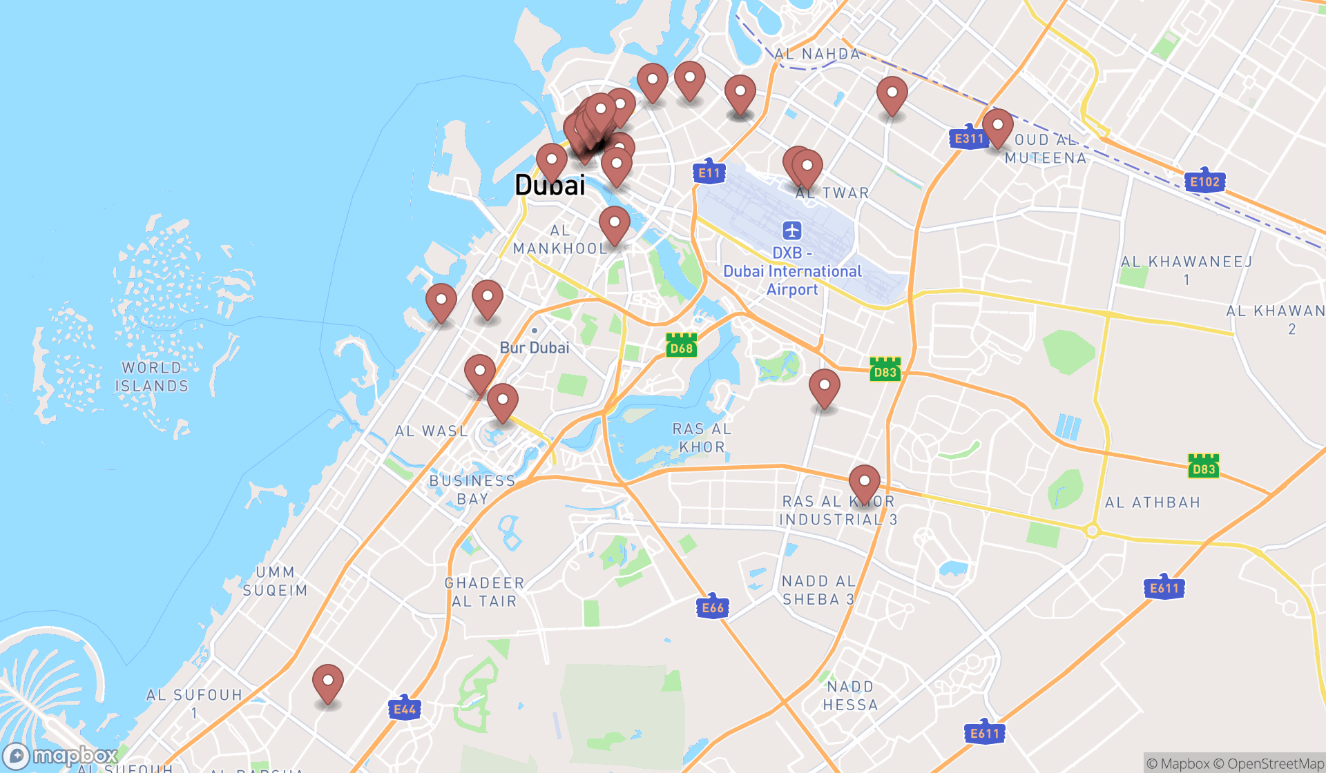 Map showing the search results in Dubai