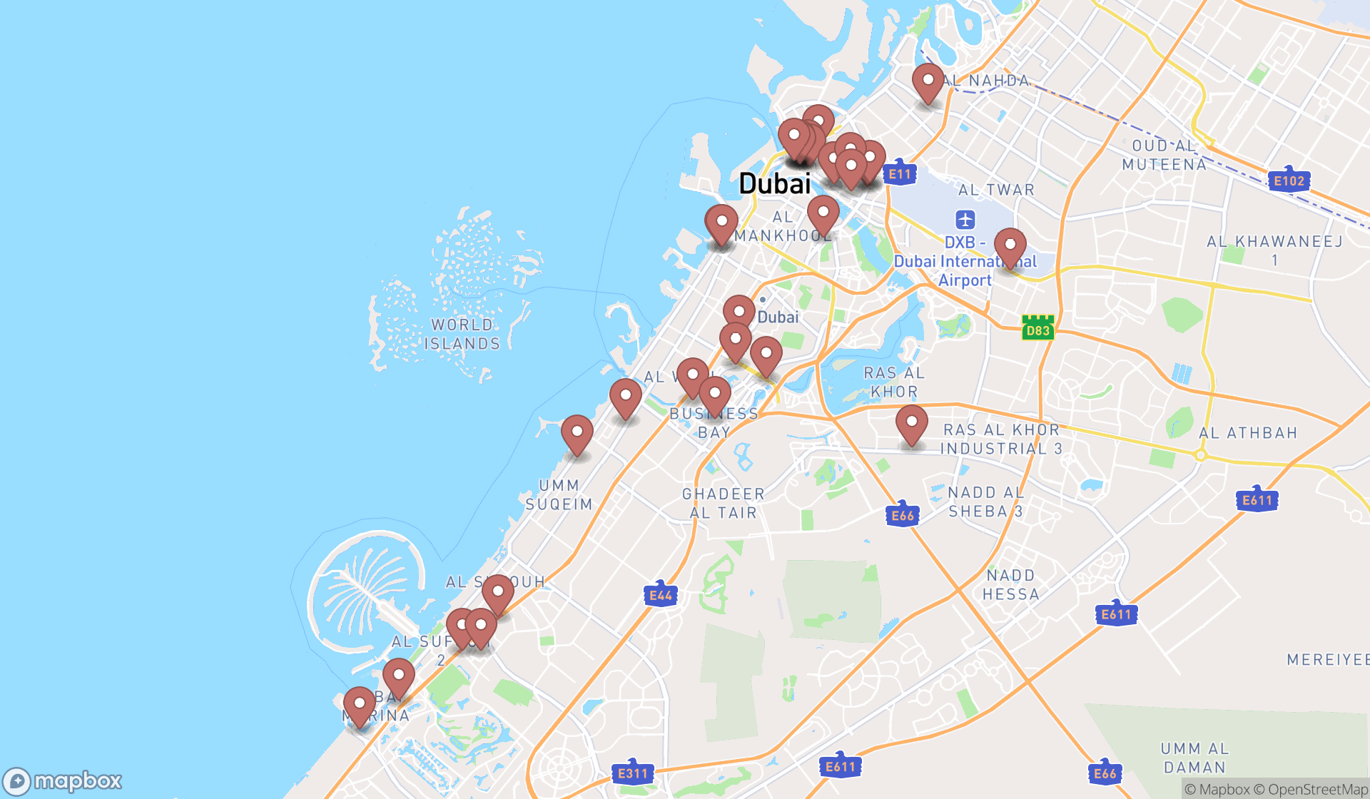 Map showing the search results in Dubai