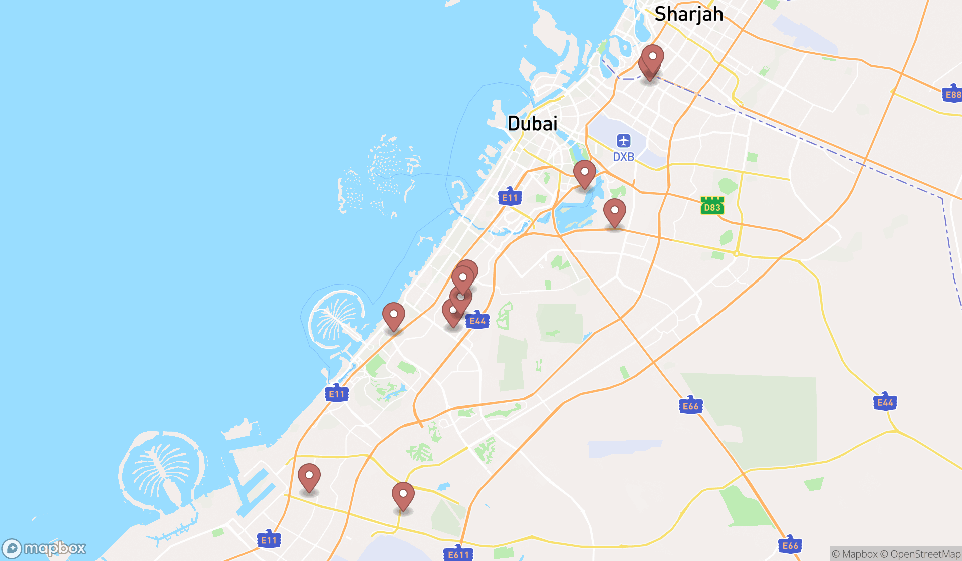 Map showing the search results in Dubai