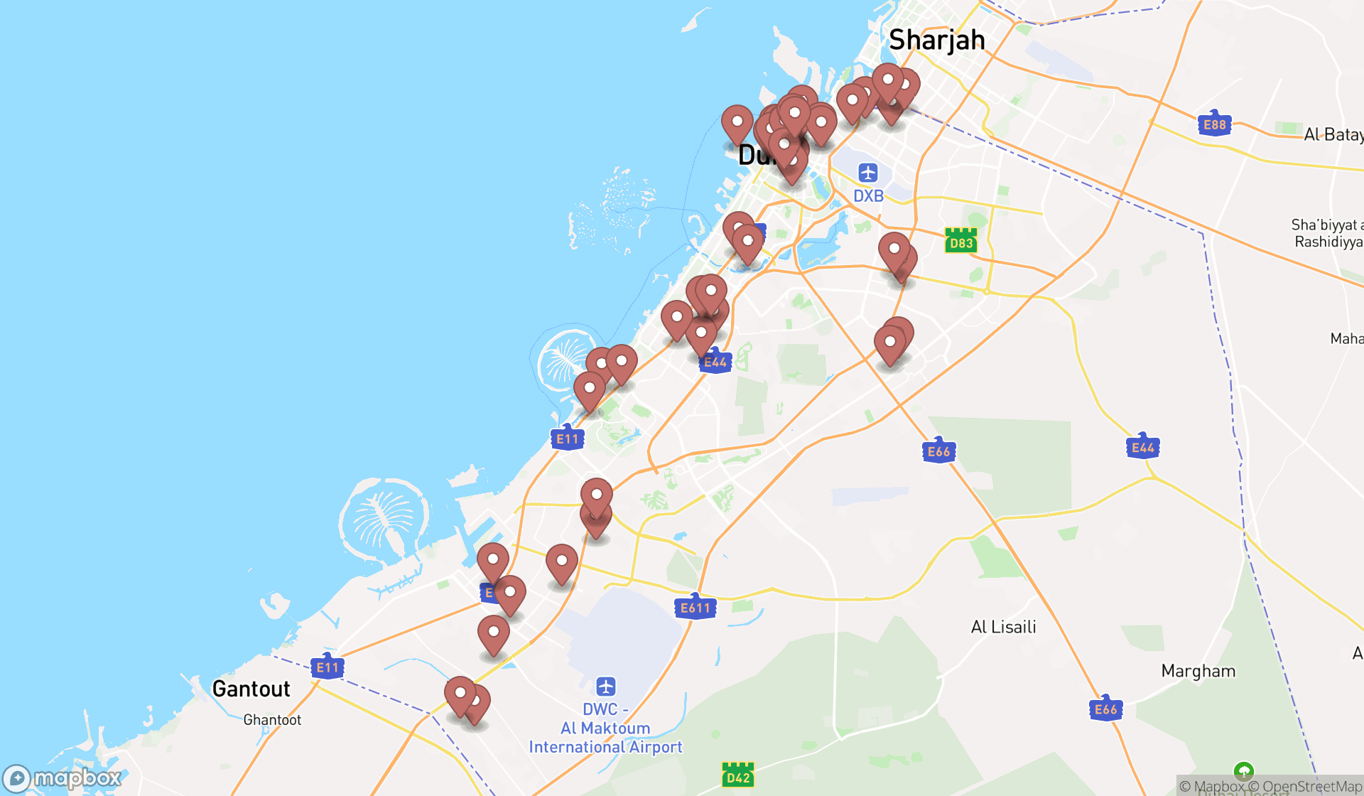 Map showing the search results in Dubai