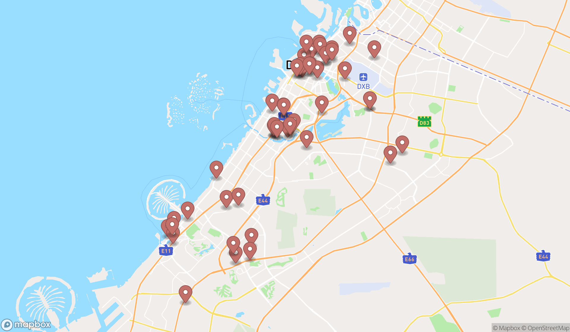 Map showing the search results in Dubai