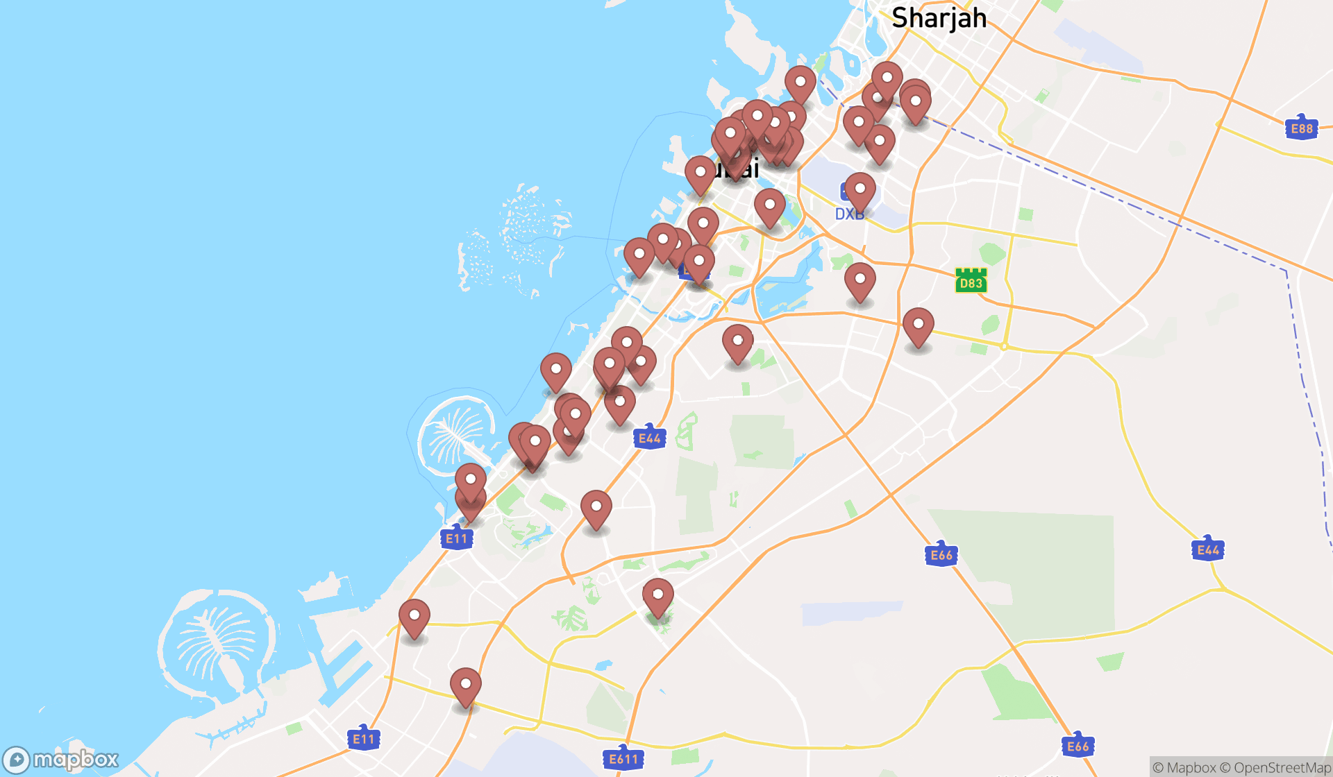 Map showing the search results in Dubai