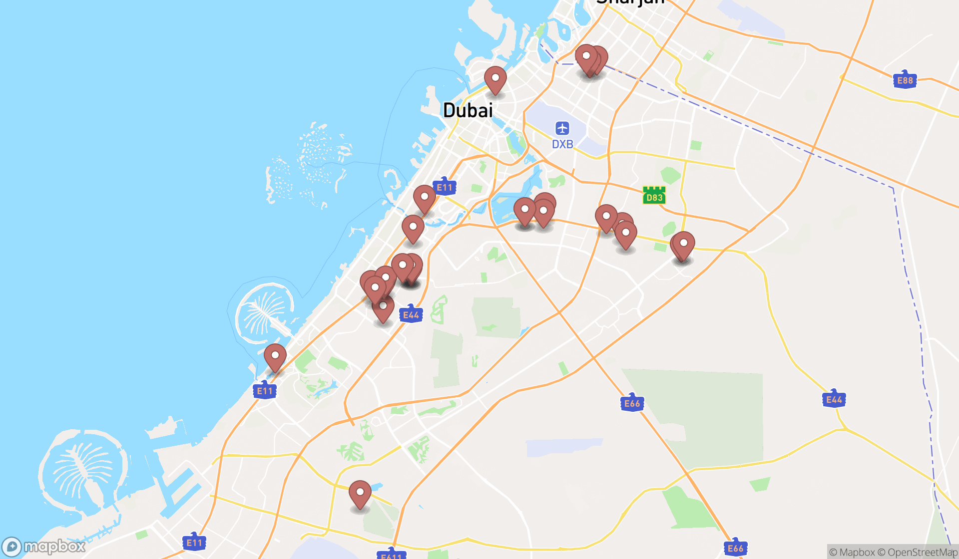 Map showing the search results in Dubai