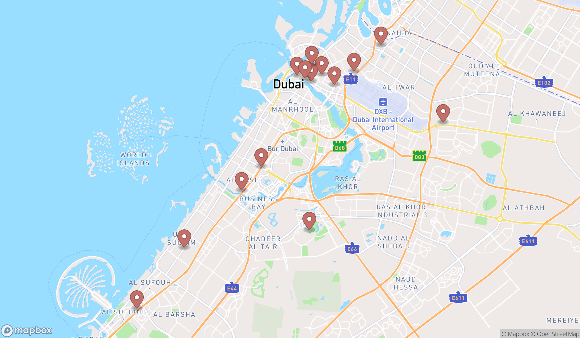 Map showing the search results in Dubai
