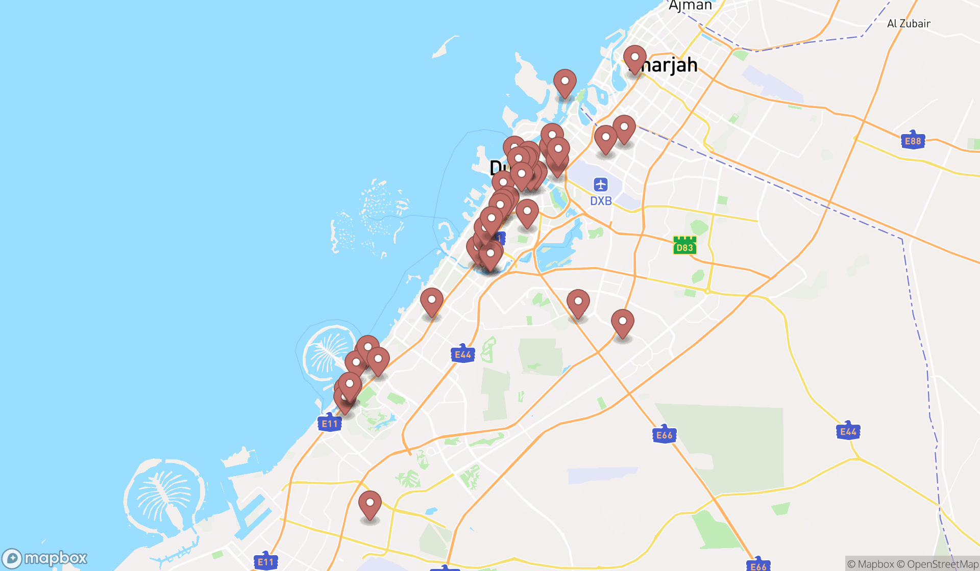 Map showing the search results in Dubai
