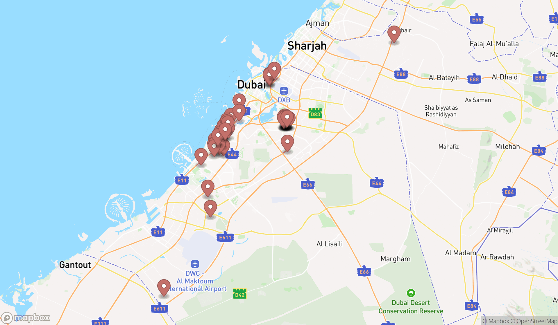 Map showing the search results in Dubai