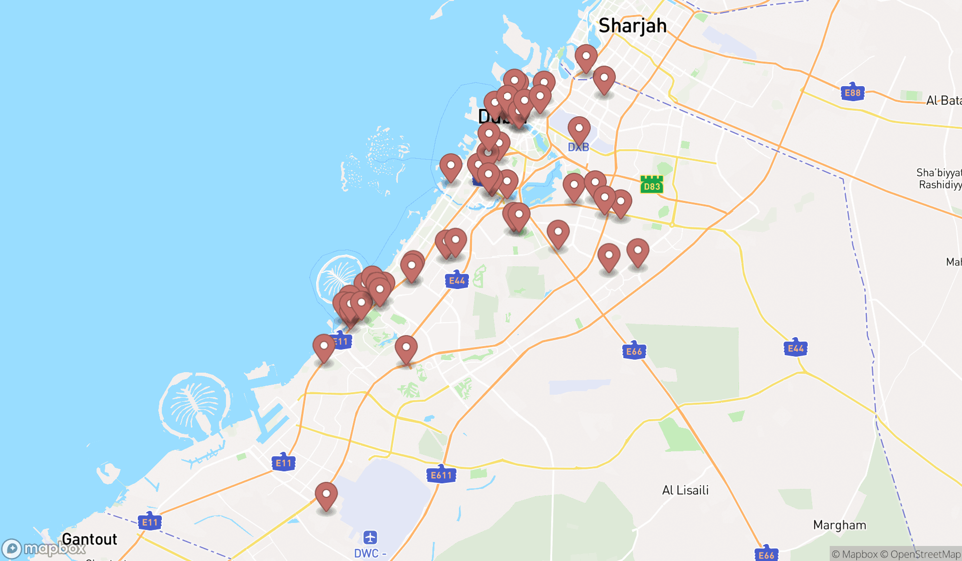 Map showing the search results in Dubai