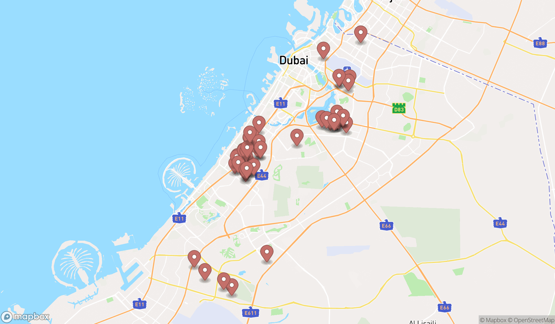 Map showing the search results in Dubai