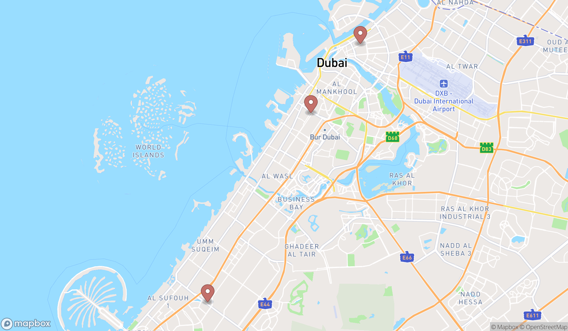 Map showing the search results in Dubai