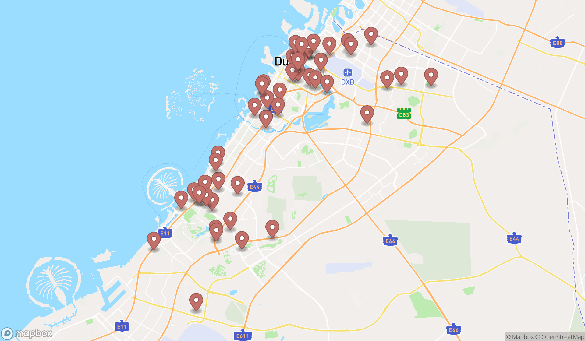 Map showing the search results in Dubai