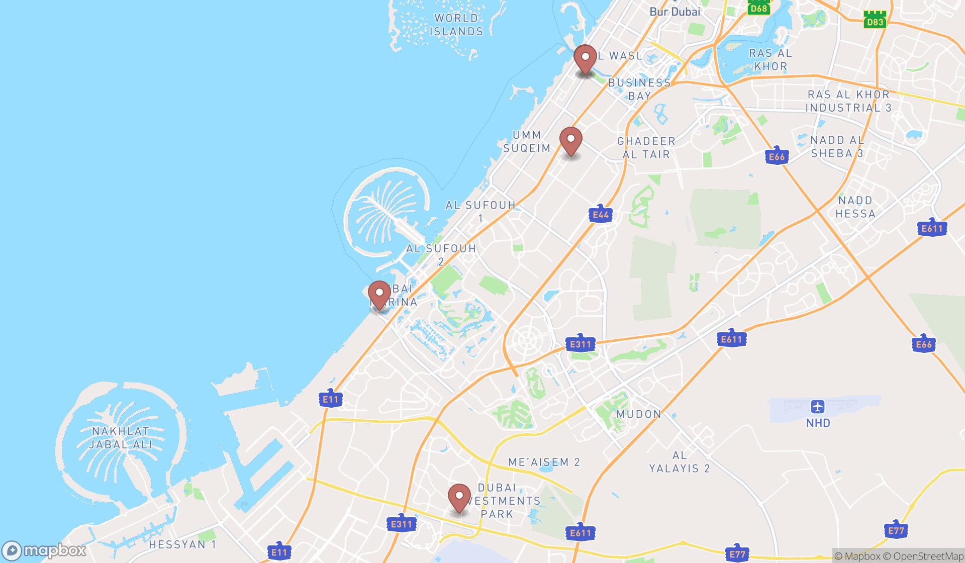 Map showing the search results in Dubai