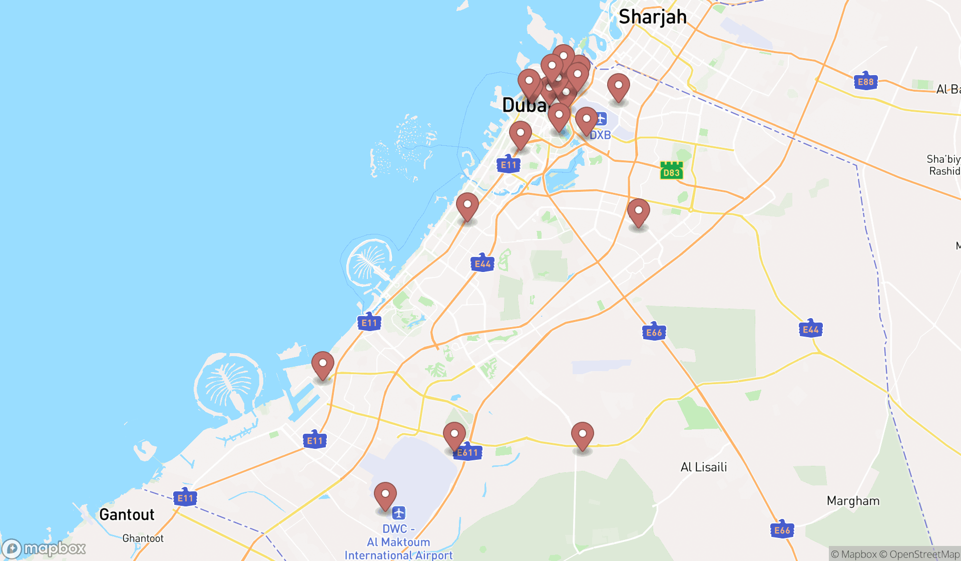 Map showing the search results in Dubai
