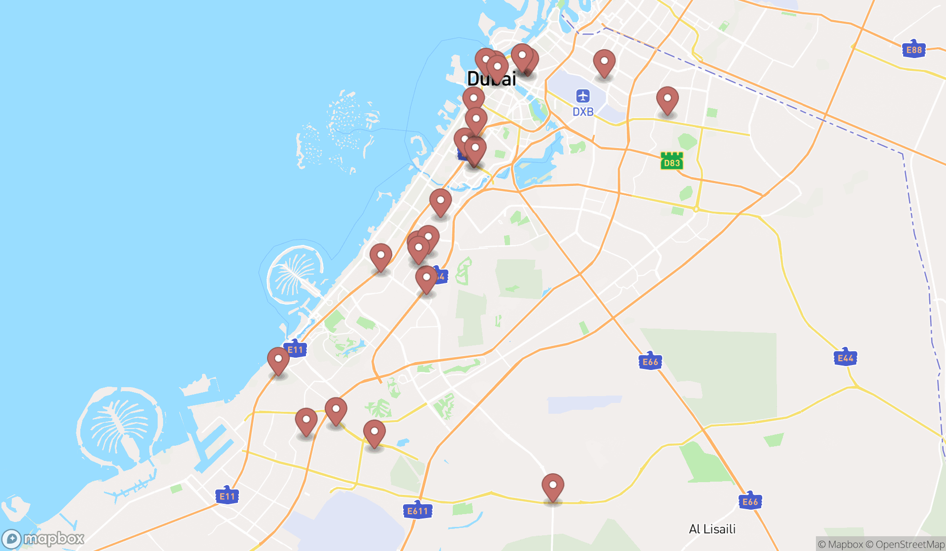 Map showing the search results in Dubai