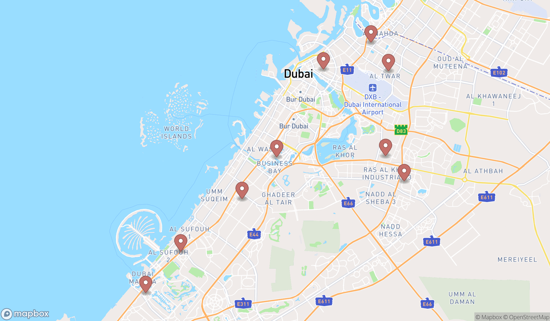 Map showing the search results in Dubai
