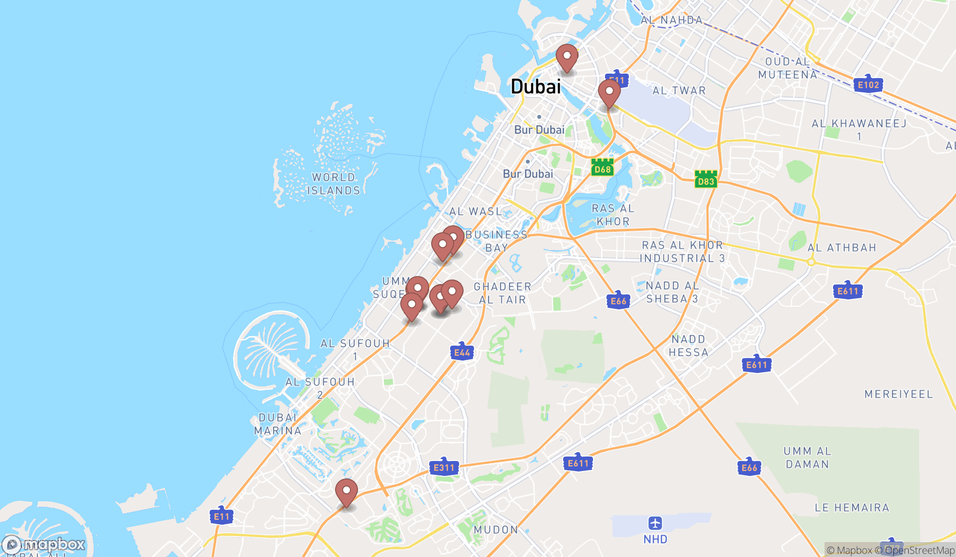 Map showing the search results in Dubai
