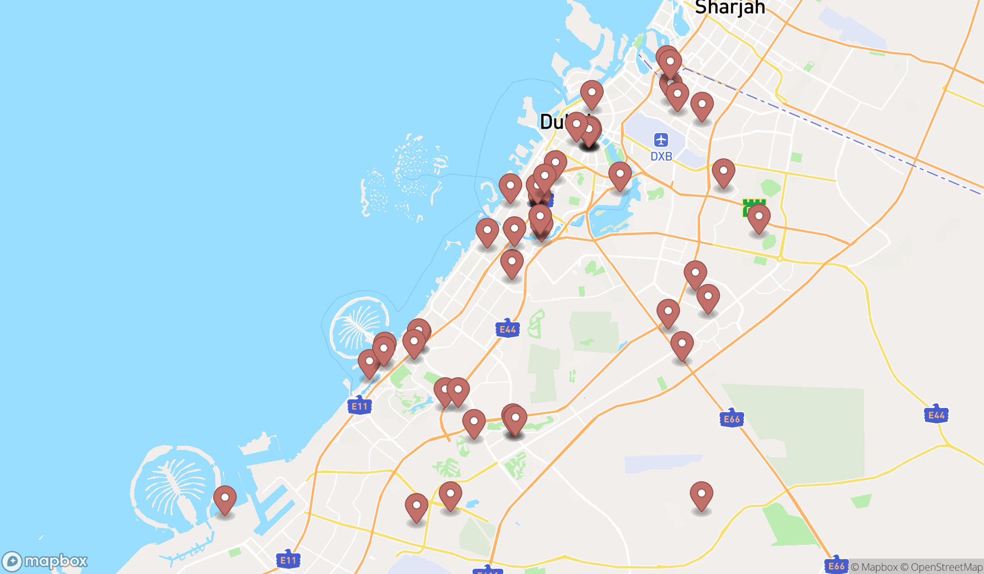 Map showing the search results in Dubai
