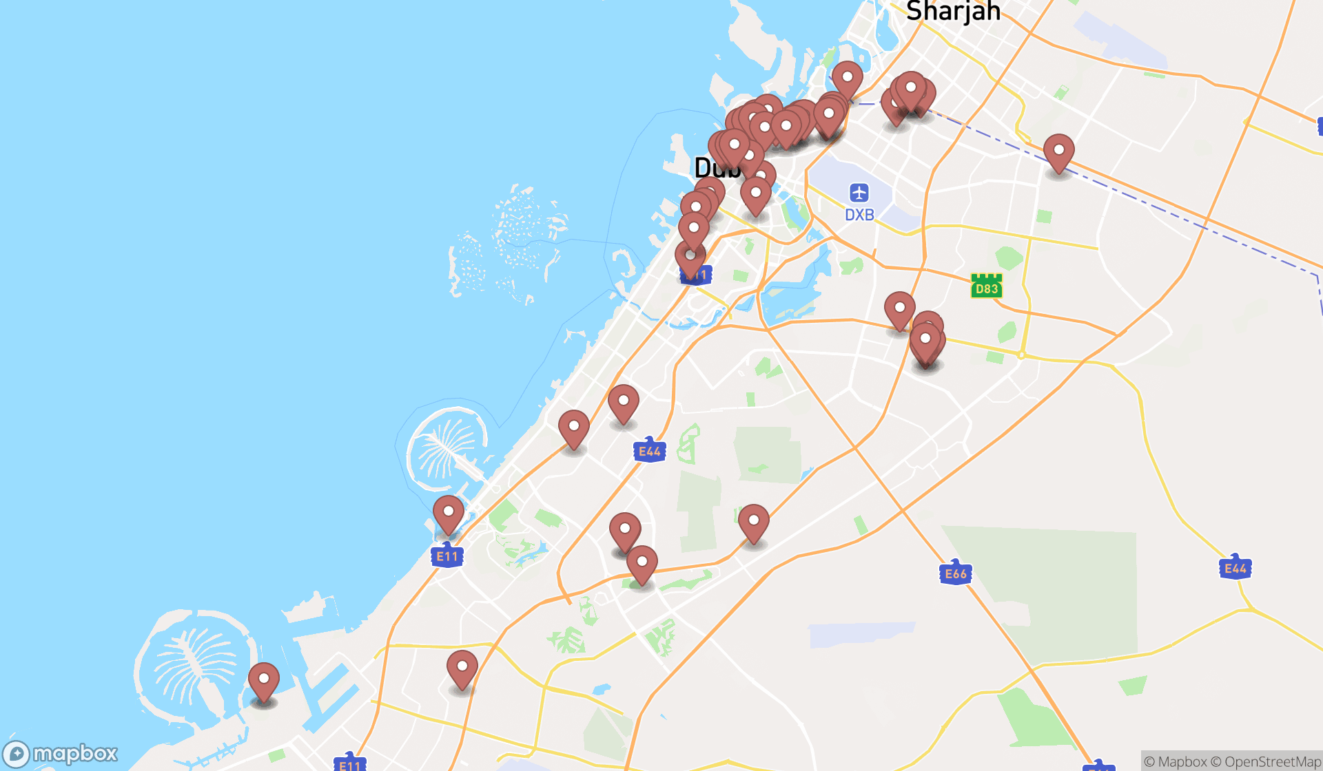 Map showing the search results in Dubai
