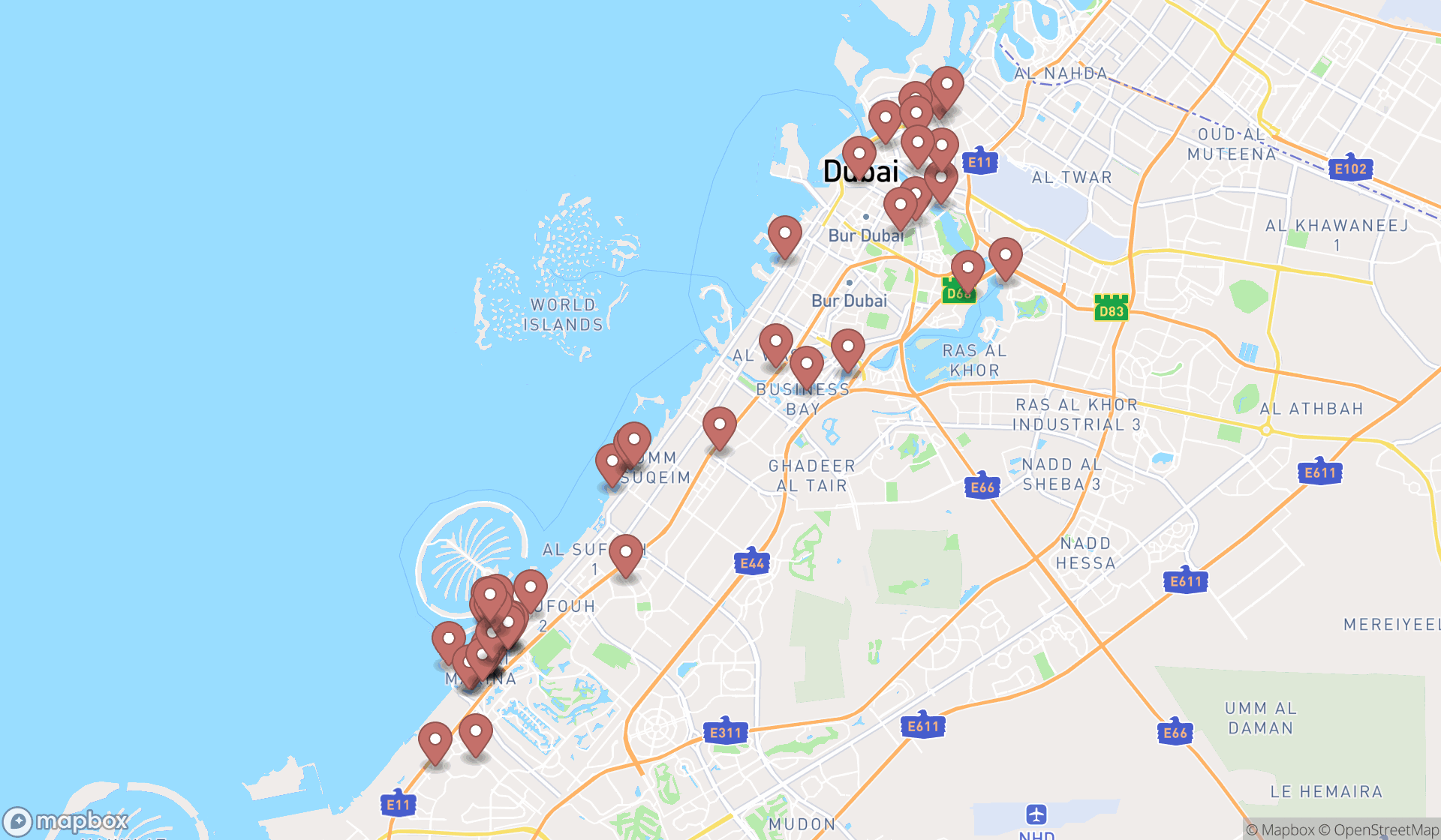 Map showing the search results in Dubai