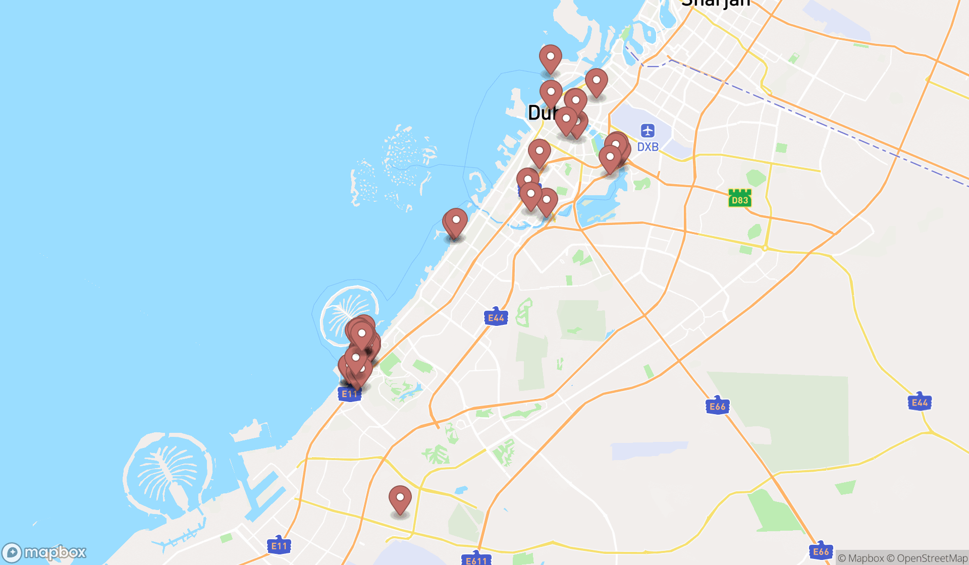 Map showing the search results in Dubai