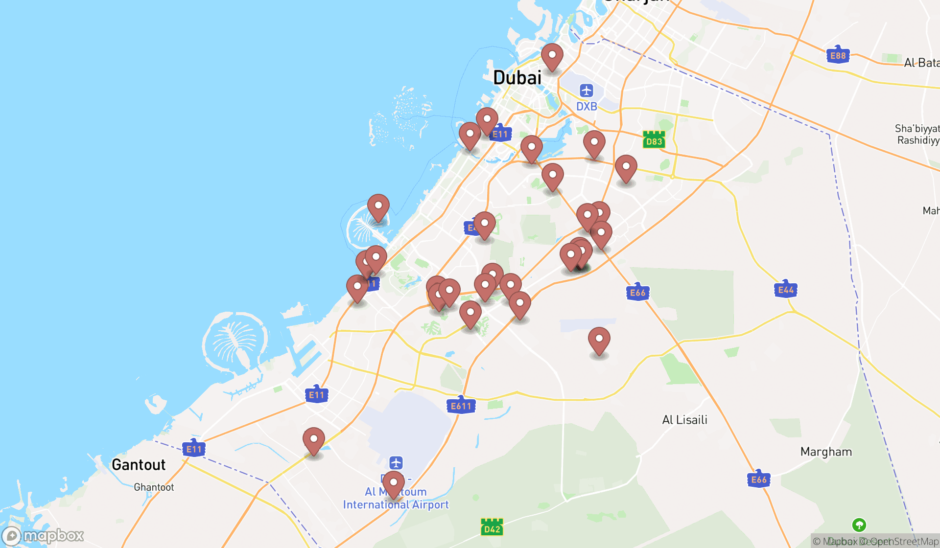Map showing the search results in Dubai