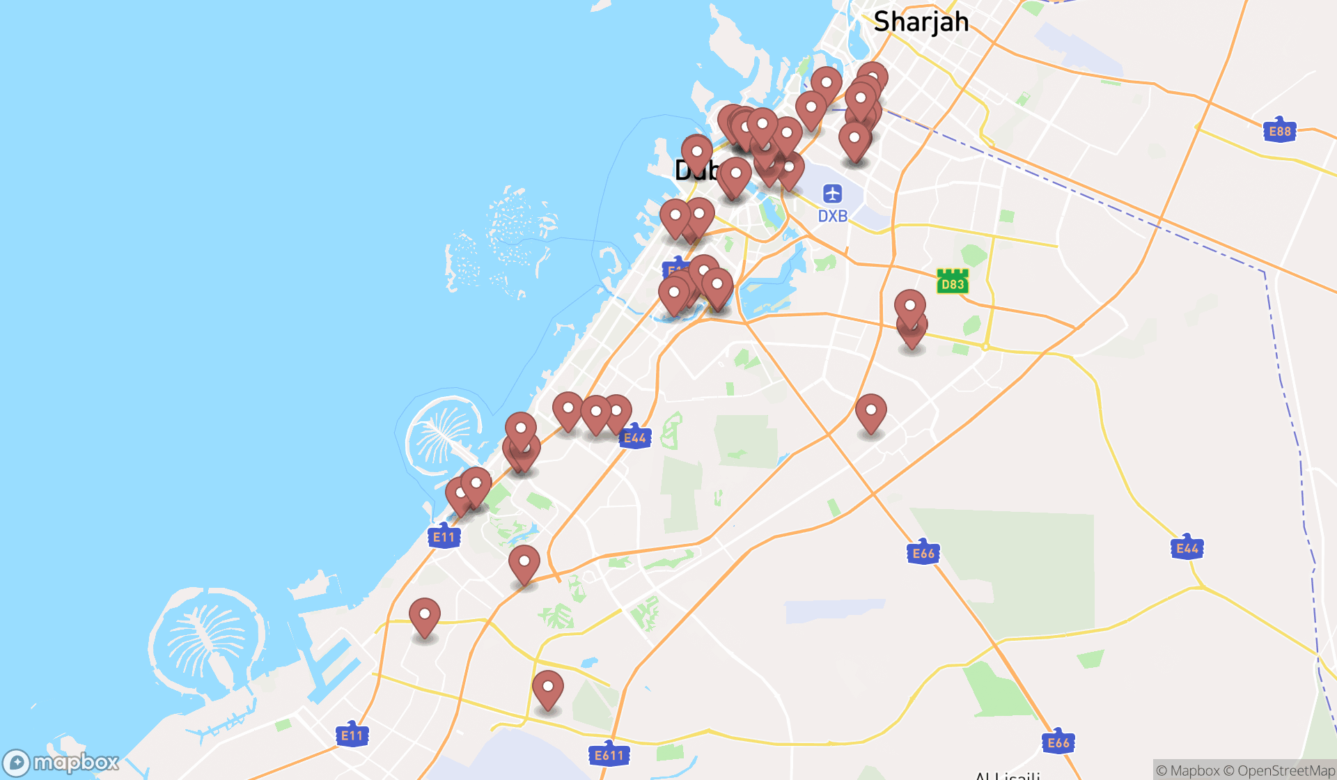 Map showing the search results in Dubai