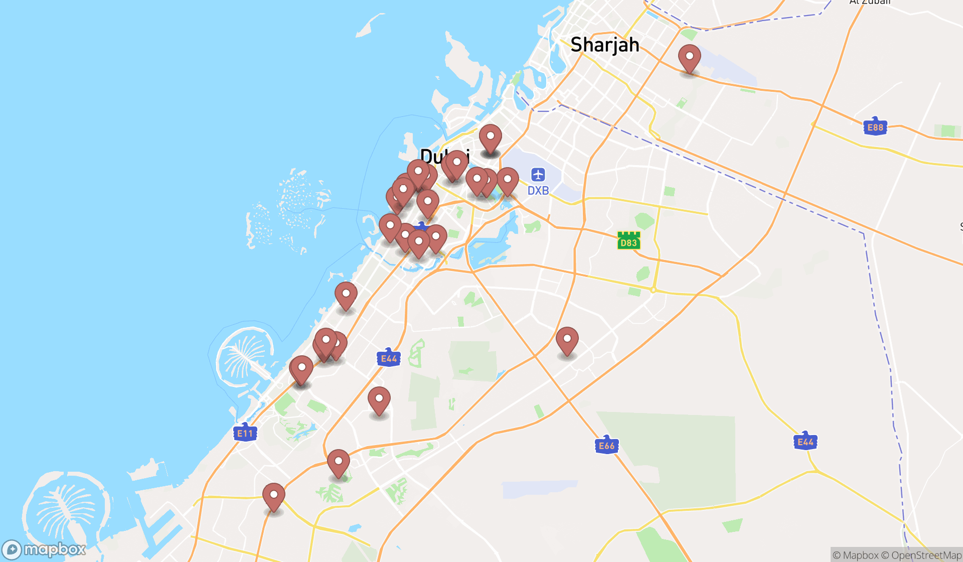 Map showing the search results in Dubai