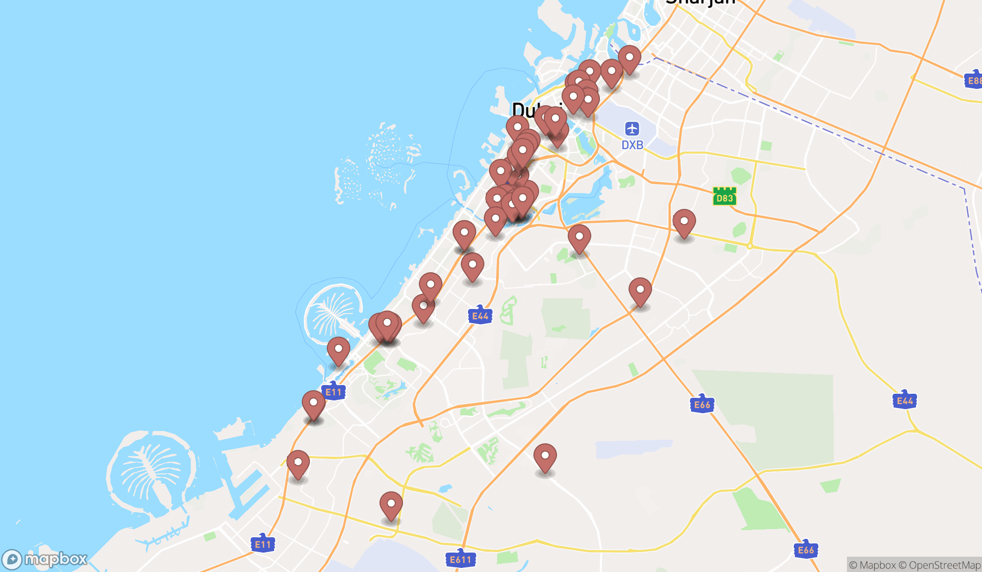 Map showing the search results in Dubai