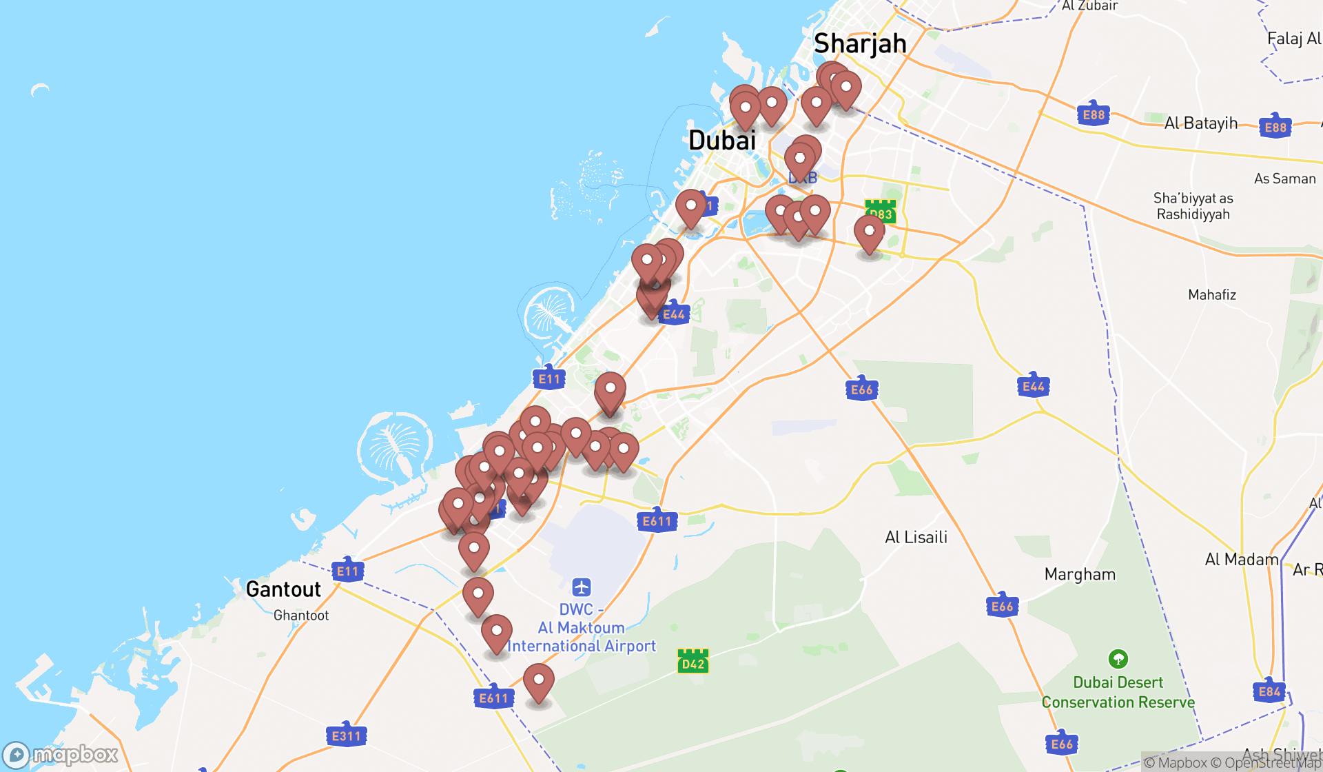 Map showing the search results in Dubai