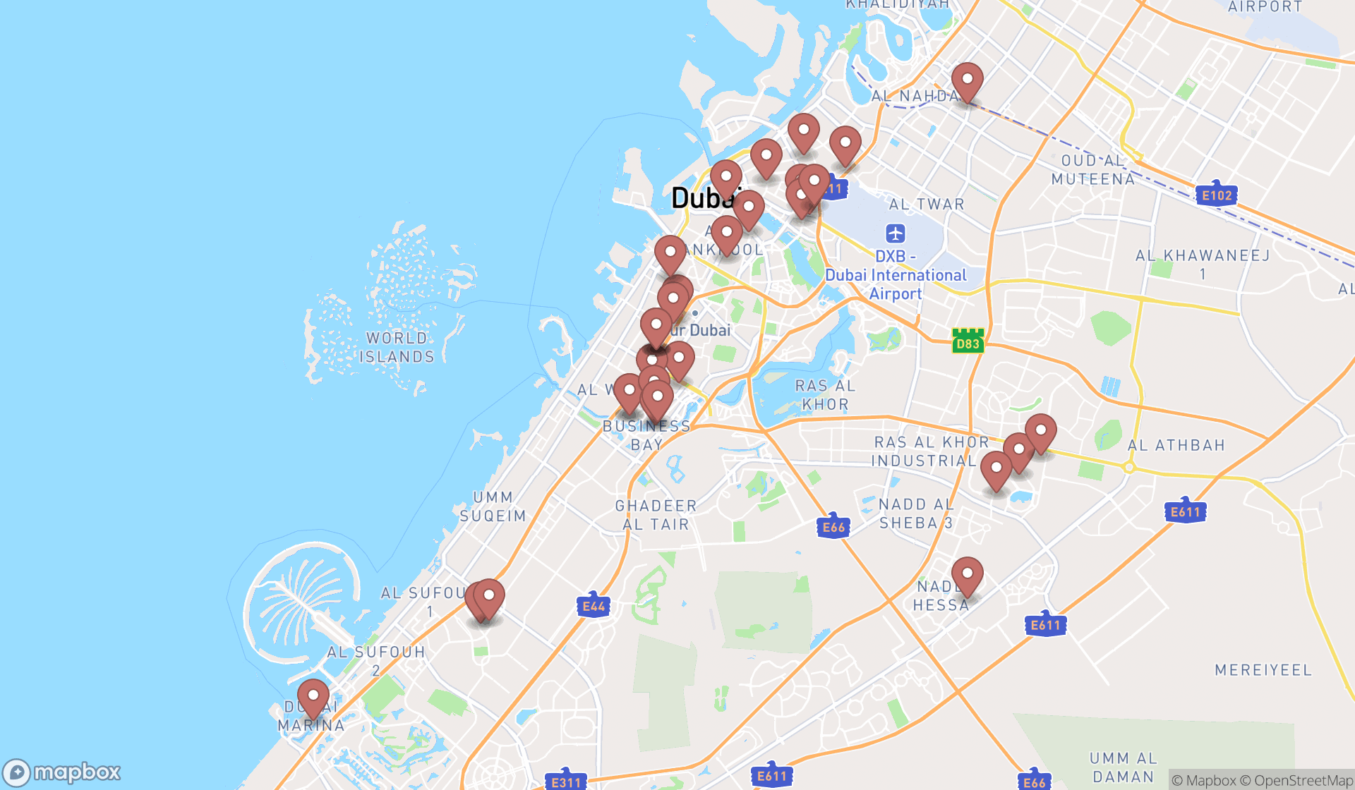 Map showing the search results in Dubai