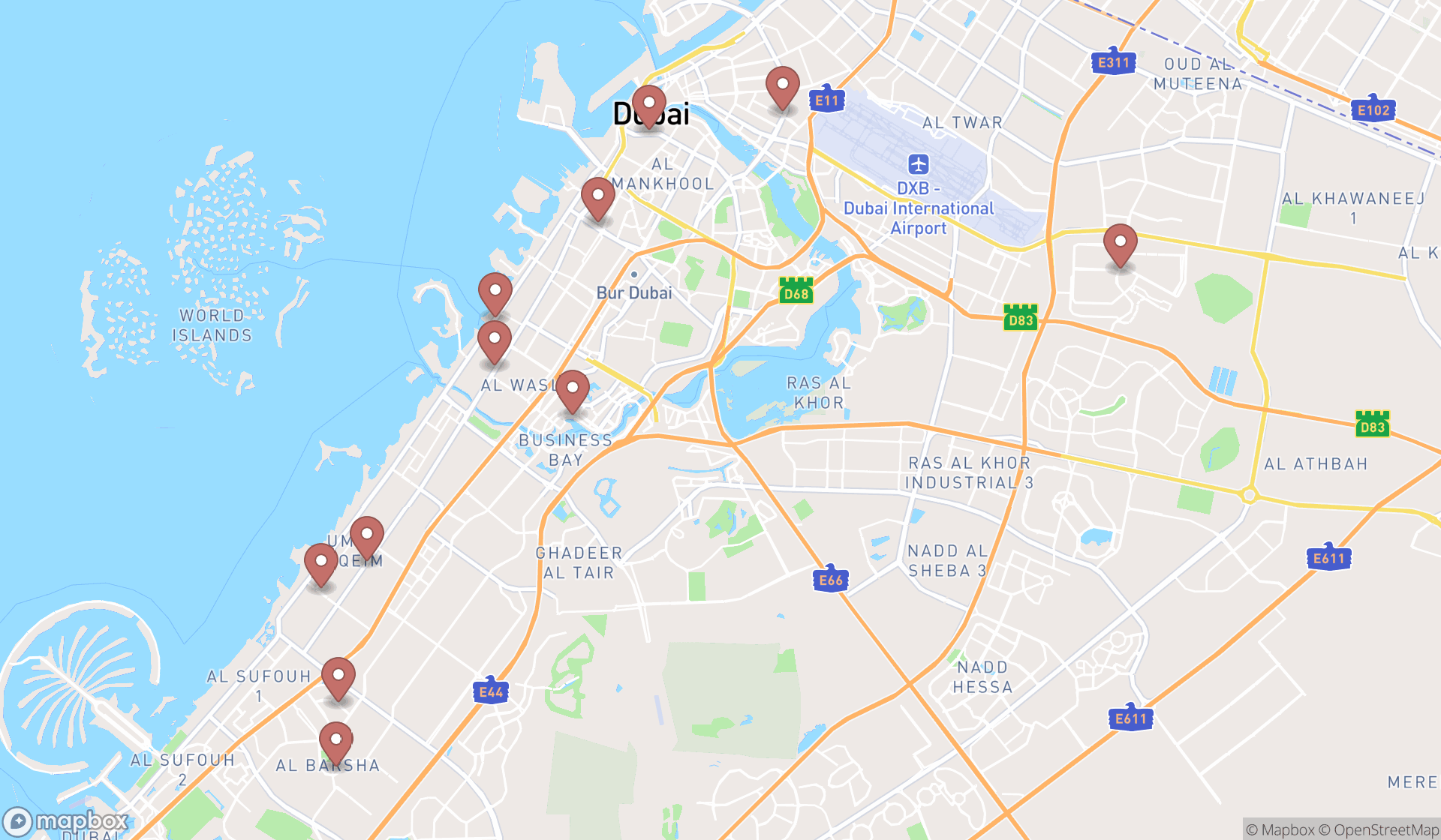Map showing the search results in Dubai