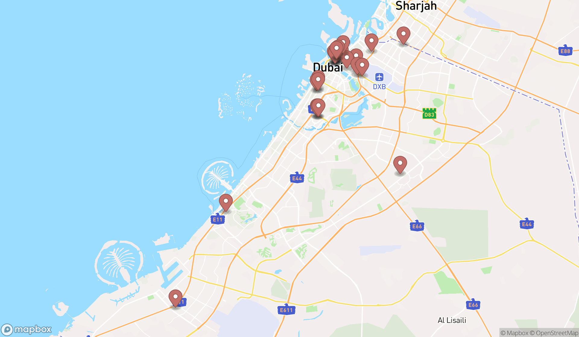 Map showing the search results in Dubai