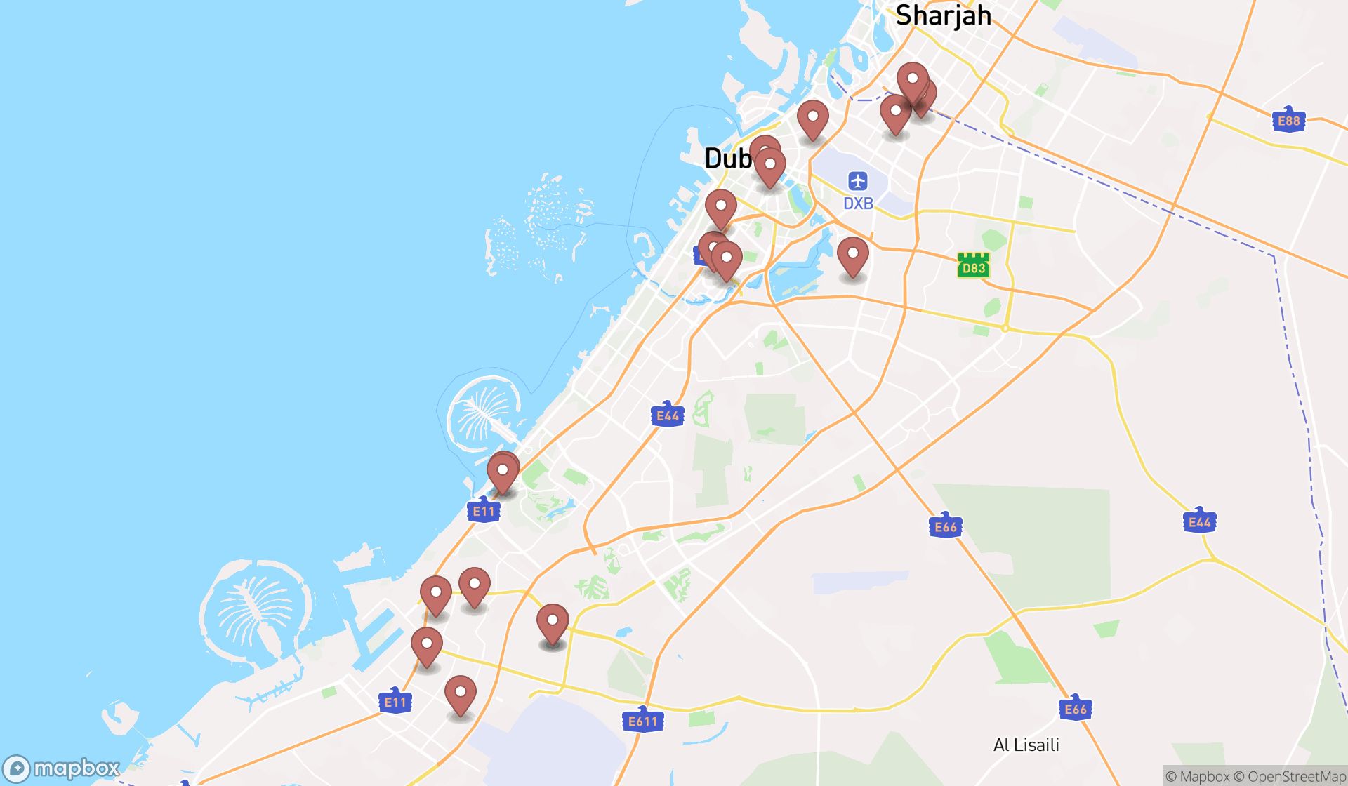 Map showing the search results in Dubai