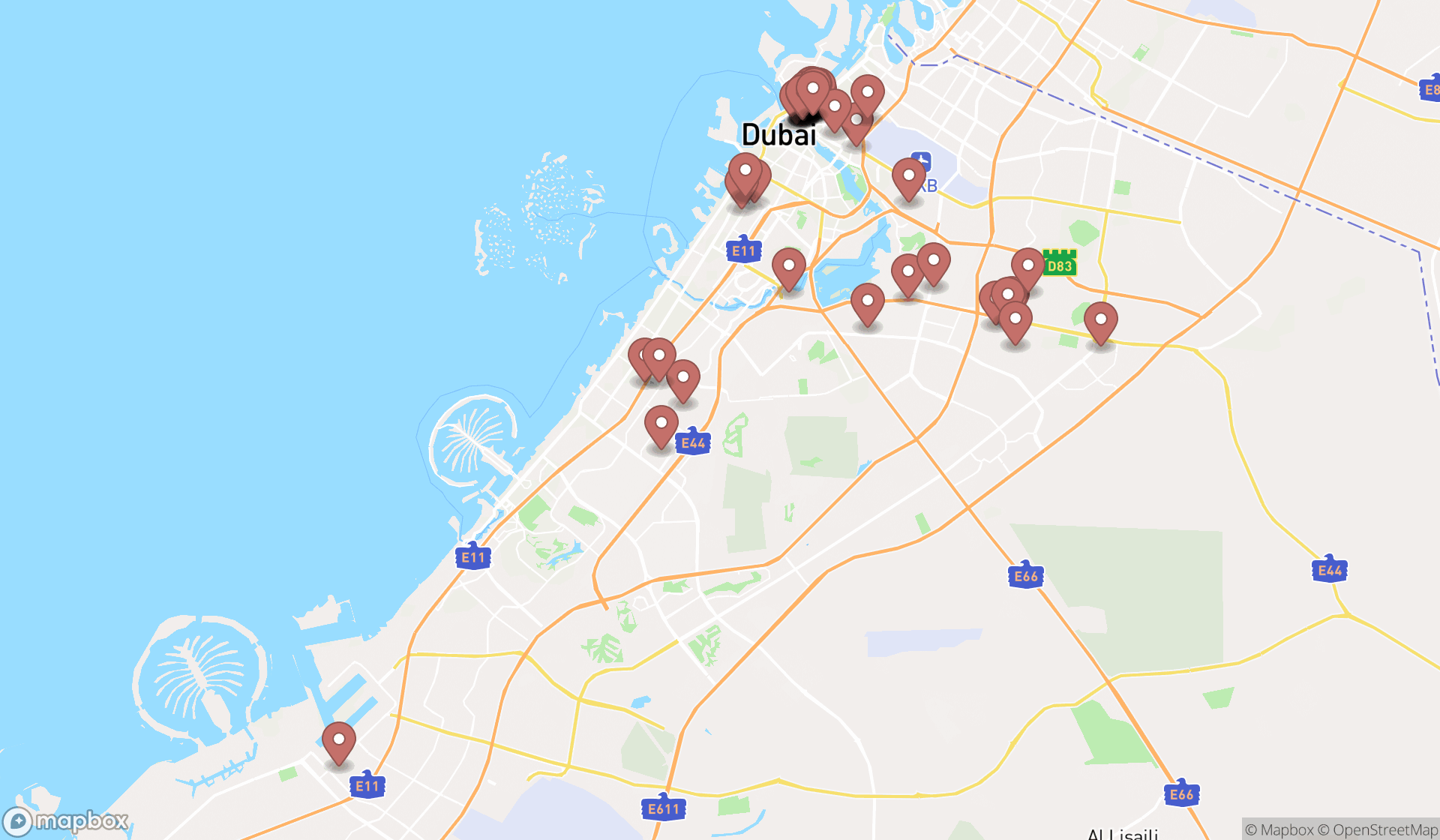 Map showing the search results in Dubai
