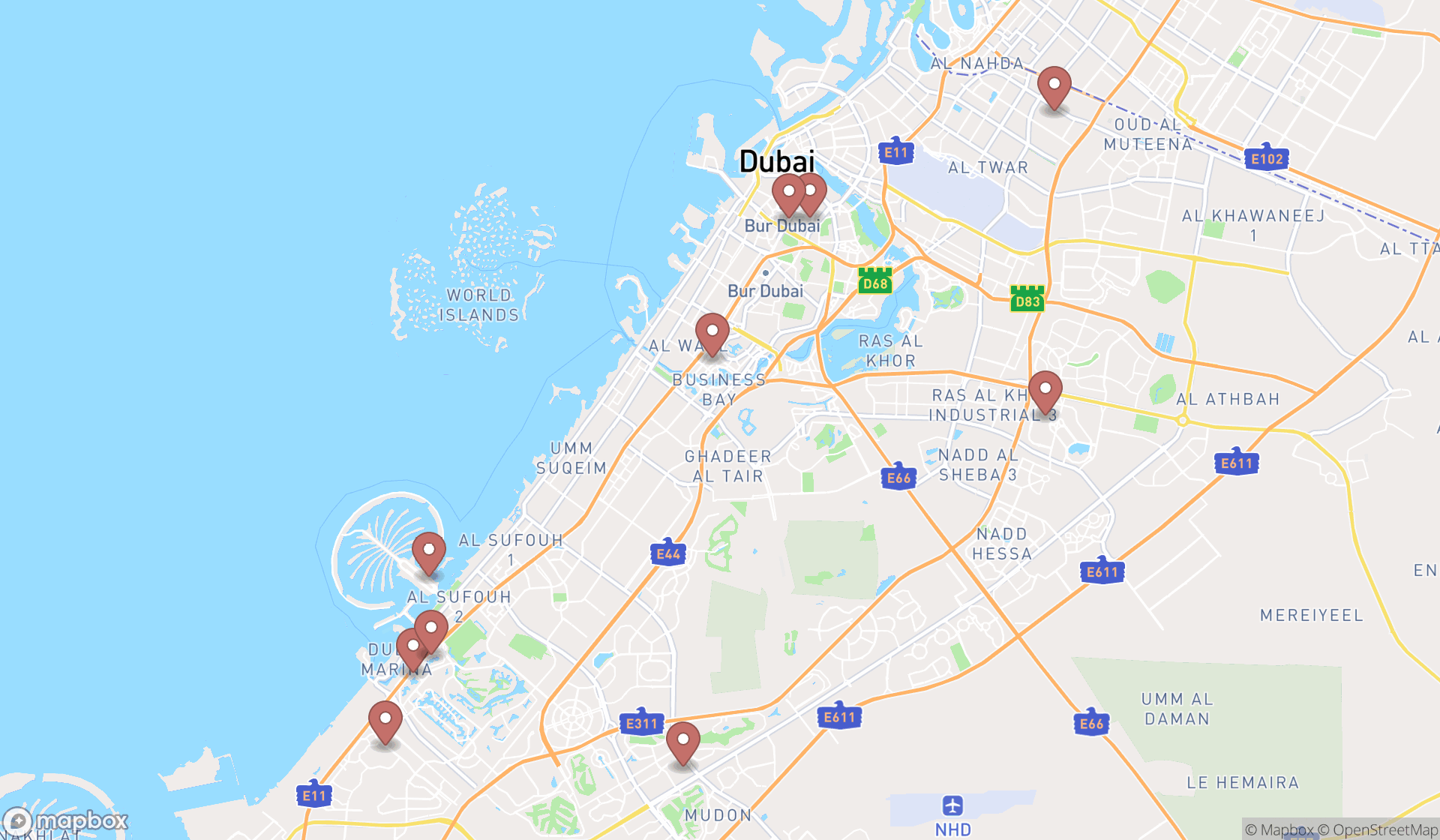 Map showing the search results in Dubai