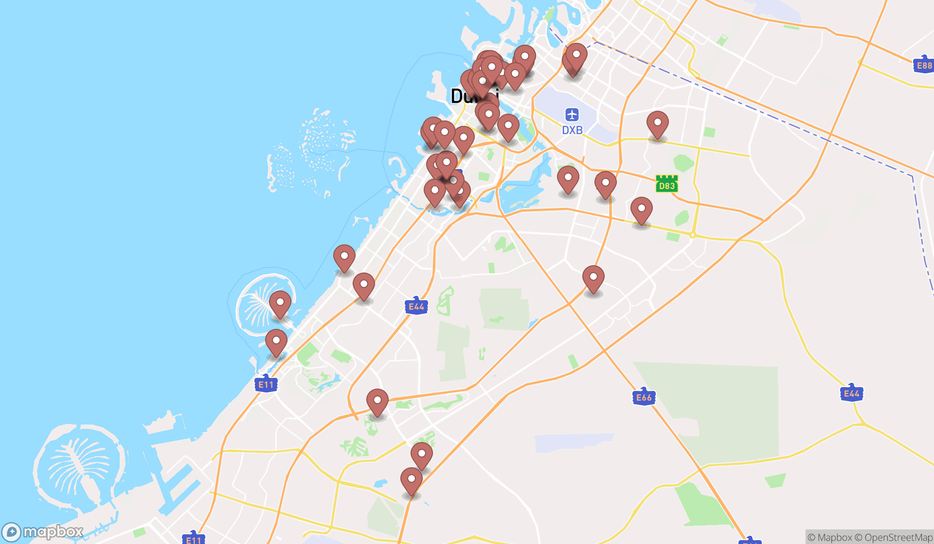 Map showing the search results in Dubai