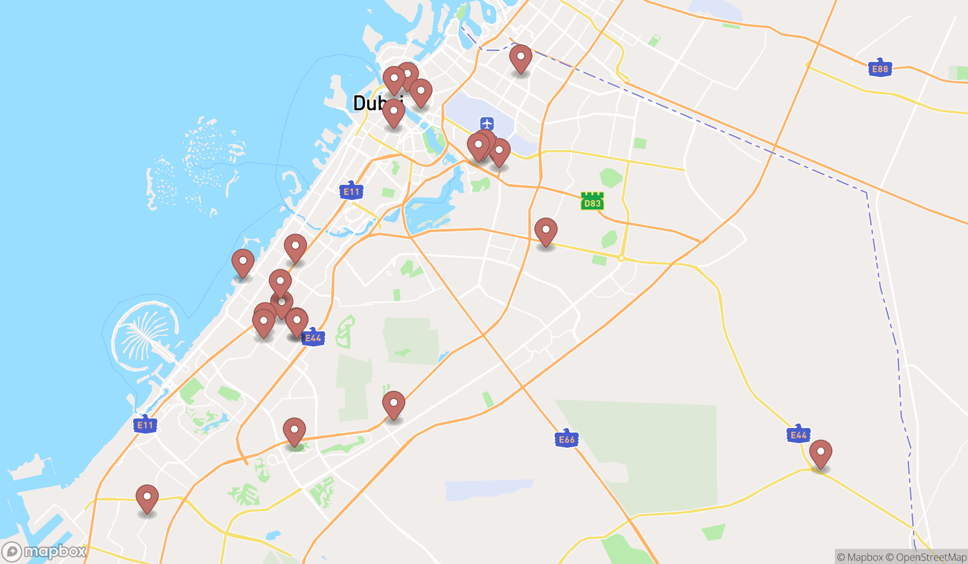 Map showing the search results in Dubai